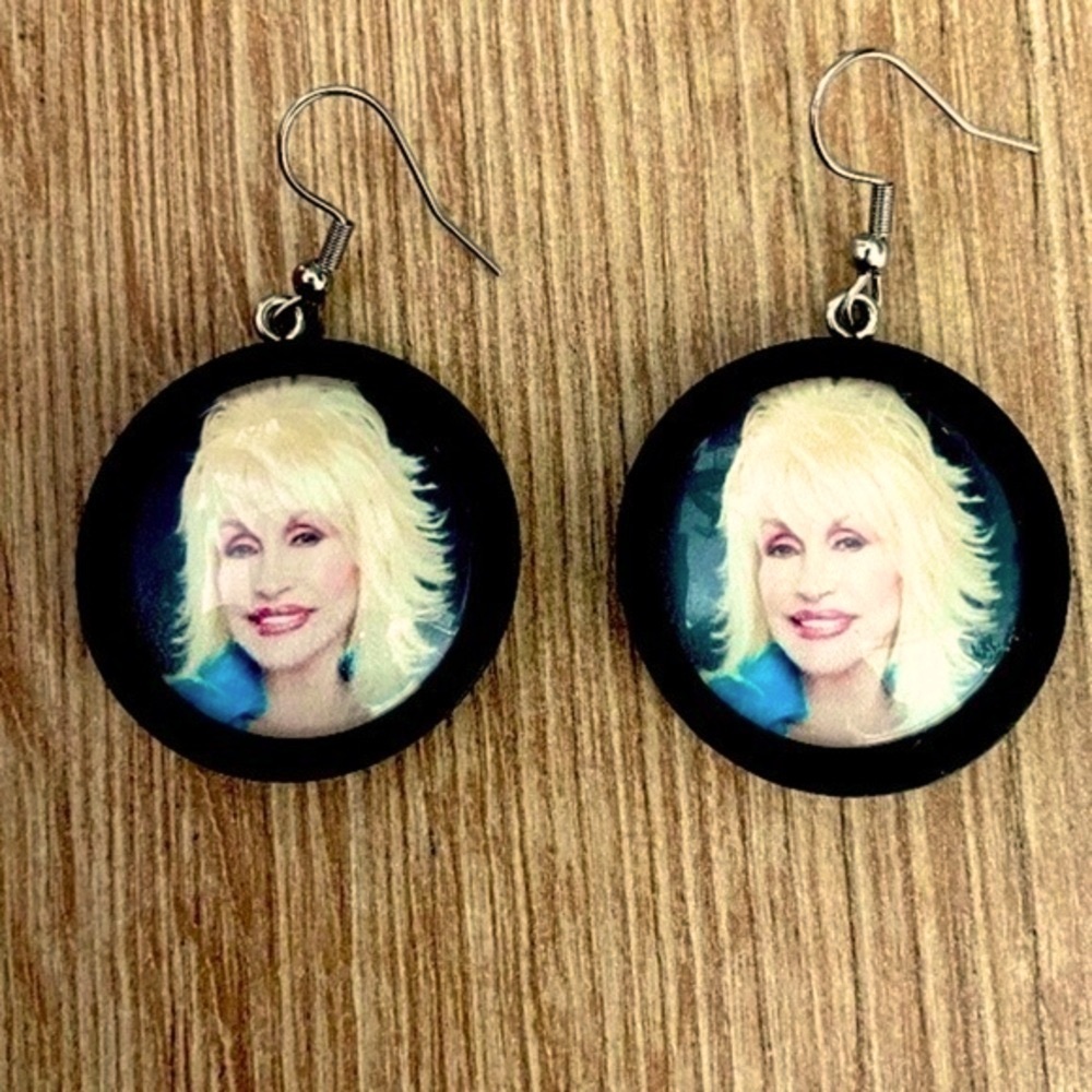 Dolly Parton Chunky Wood Earrings, NWT